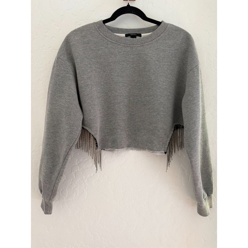 Forever 21 gray cropped sweatshirt faux rhinestone chain fringe hem